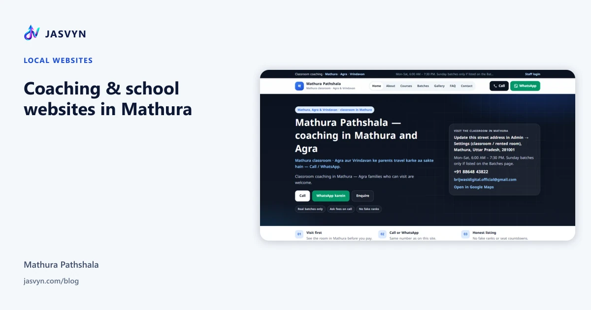 Mathura Pathshala coaching website screenshot — batches, Call and WhatsApp for parents
