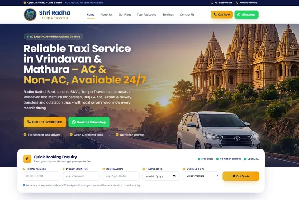 Shri Radha Tour and Travels taxi website for Vrindavan and Mathura — fleet, yatra packages and WhatsApp quotes